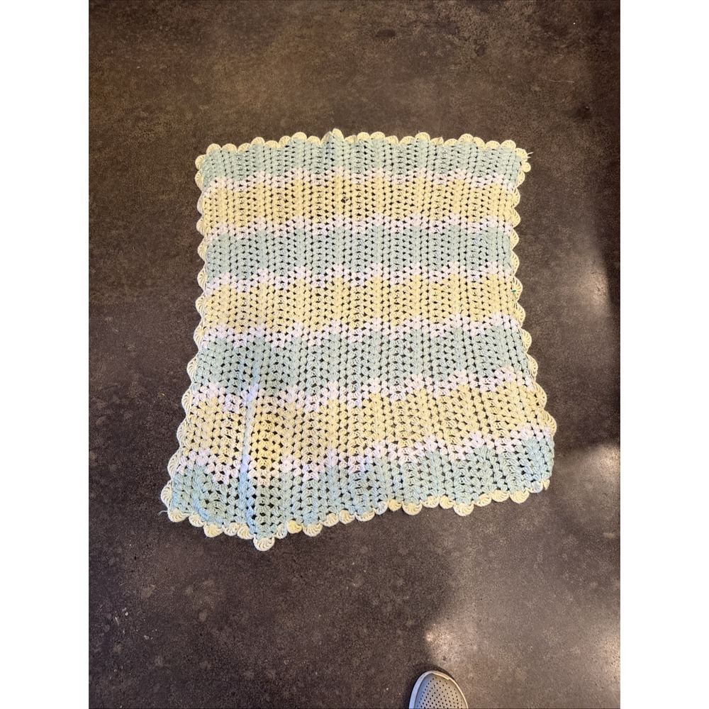 Handmade Mint green yellow white baby afghan 34.5‎ inches x 36 inches